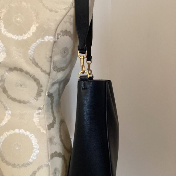 TORY BURCH McGRAW MEDIUM BUCKET BAG in BLACK PEBBLED LEATHER HOBO PURSE TOTE - Picture 8 of 16